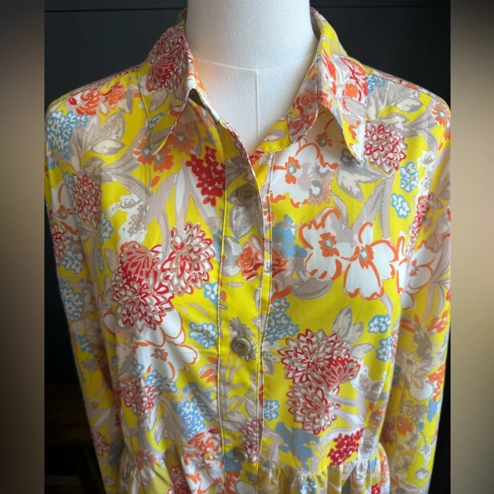 French Connection Yellow and Red Tiered Flowy Boho Floral Long Sleeve Maxi Dress - Picture 3 of 11